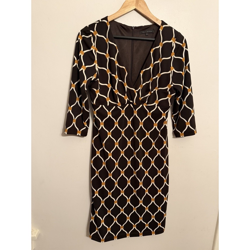 David Meister Women's Brown Patterned Sheath Dress 3/4 Sleeves Faux Wrap Size 10
